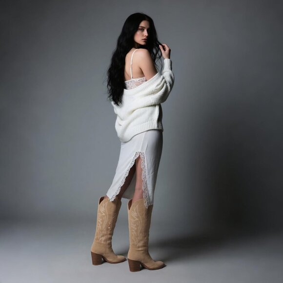 Women's Apricot Wide Calf Cowgirl Western Embroidery Chunky High Heel Boots - Picture 3 of 6